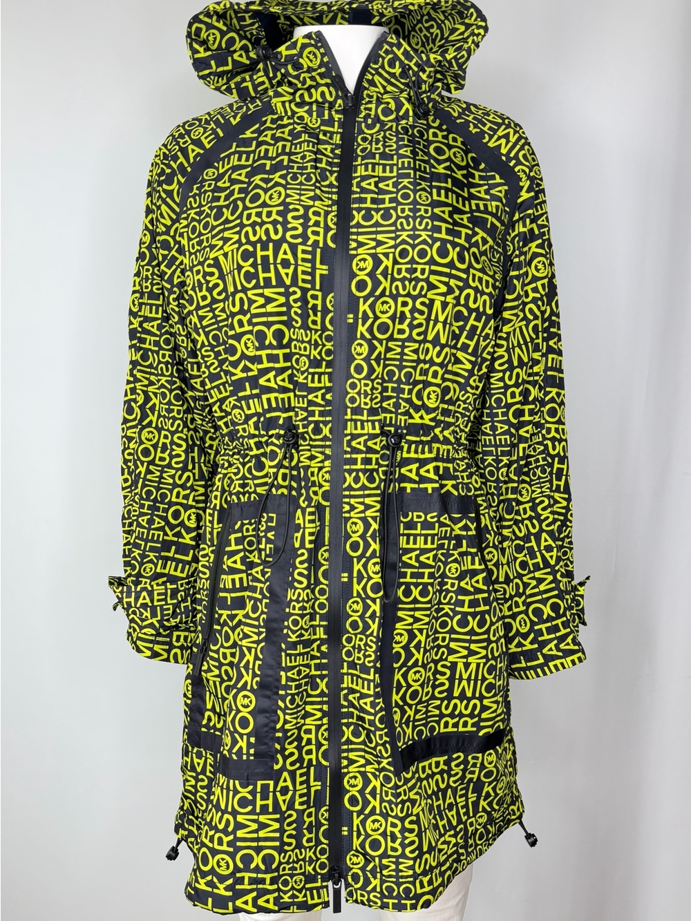 Michael Kors Hooded Rain Jacket Women’s XS Black Neon Logo Packable Windbreaker